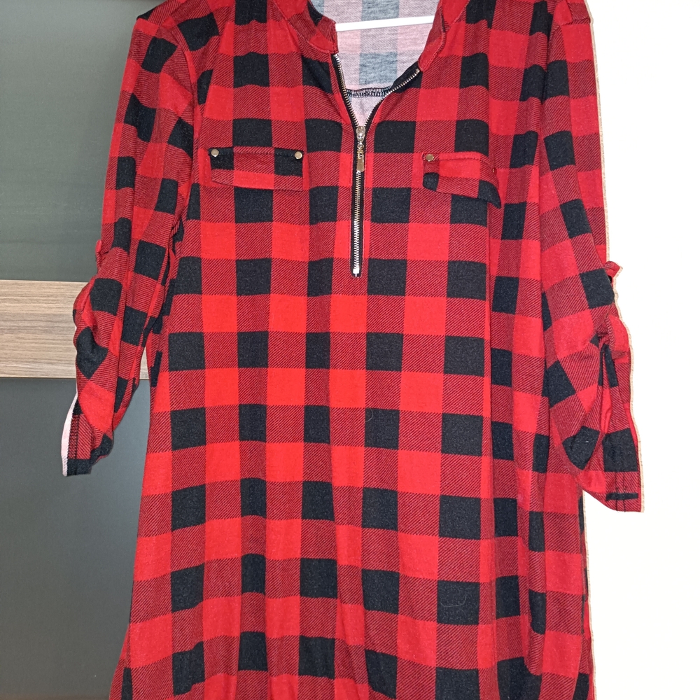 Red and Black Plaid Tunic with Zipper